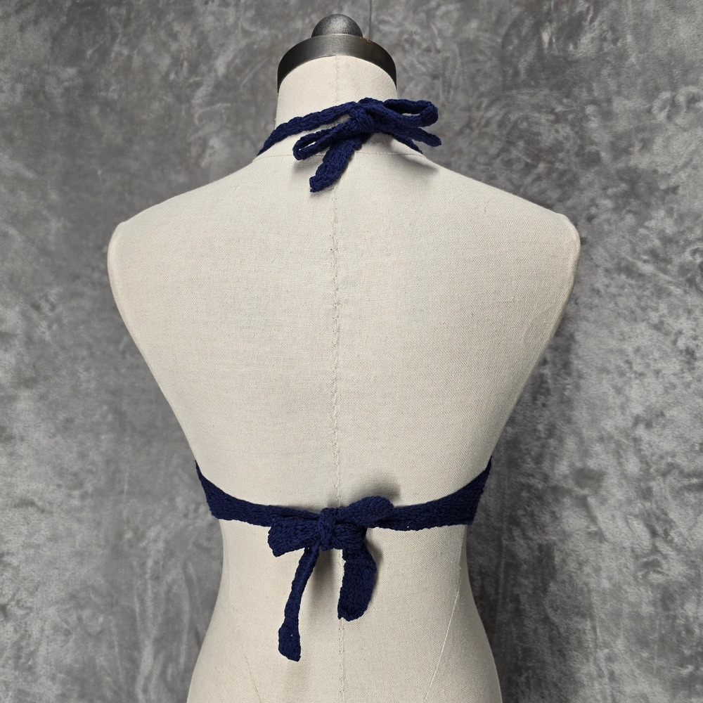 Handmade Crochet Halter‎ L Crop Top Navy Blue Cotton Knit Boho Bralette Festival - Picture 3 of 10